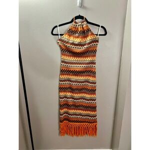 SHEIN Women's M Orange Geometric Crochet Knit Halter Midi Dress Fringe Hem Boho